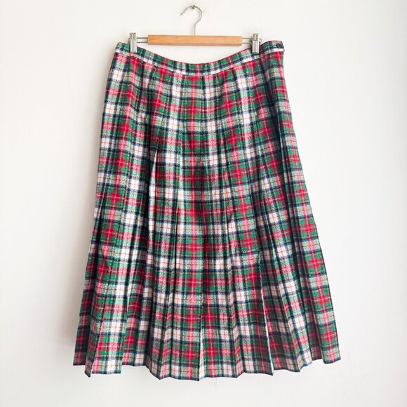 Vintage Pendleton Blue Green Plaid Midi Pleated Wool Skirt - Picture 1 of 5